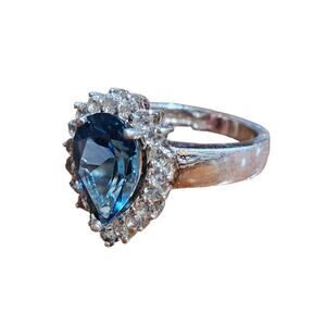 925 Sterling Silver London Blue Topaz White Zircon Teardrop Ring Womens Size 6.5